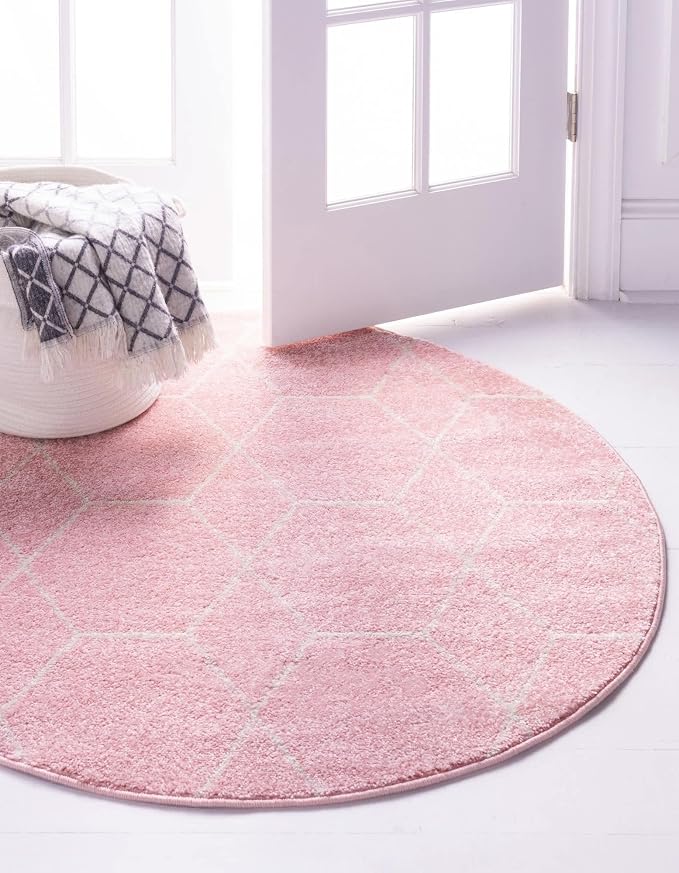 Unique Loom Trellis Frieze Collection Area Rug - Geometric (3' Round, Light Pink/ Ivory)