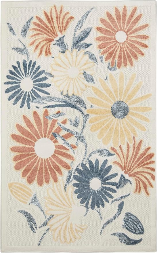 Nourison Home Aloha Ivory Rose 2'8" x 4' Area Rug - Easy Clean, Non Shedding, Bed Room, Living Room, Dining Room, Kitchen (3' x 4')