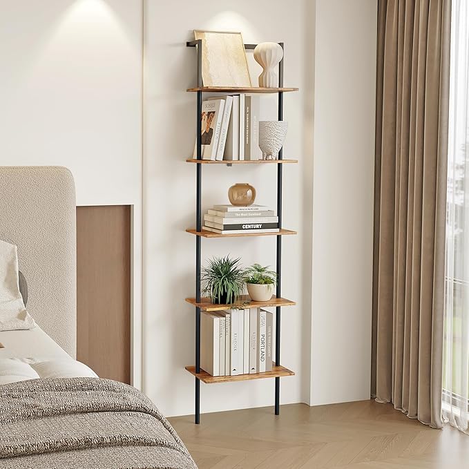 5-Tier Ladder Shelf, Wall Mounted Ladder Bookshelf with Metal Frame, Wood Tall Open Storage Rack and Display Shelves for Home Office Bedroom Living Room, Rustic Brown