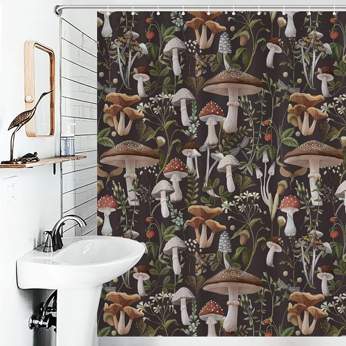 Mushroom Shower Curtain, RFarmhouse Country Wild Floral Botanical Mushroom Cottagecore Nature Plants Leaves Herbs Black Waterproof Fabric Bathroom Shower Curtain Set with Hooks, 72"x84" Inch