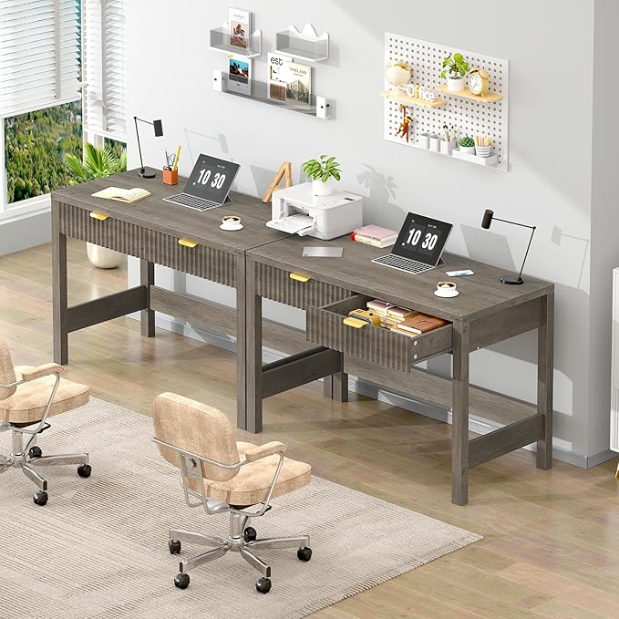 YOMILUVE Fluted Computer Desk with 2 Drawers, 39 Inch Small Computer Desk with Storage, Compact Writing Study Desk for Small Spaces, Gray