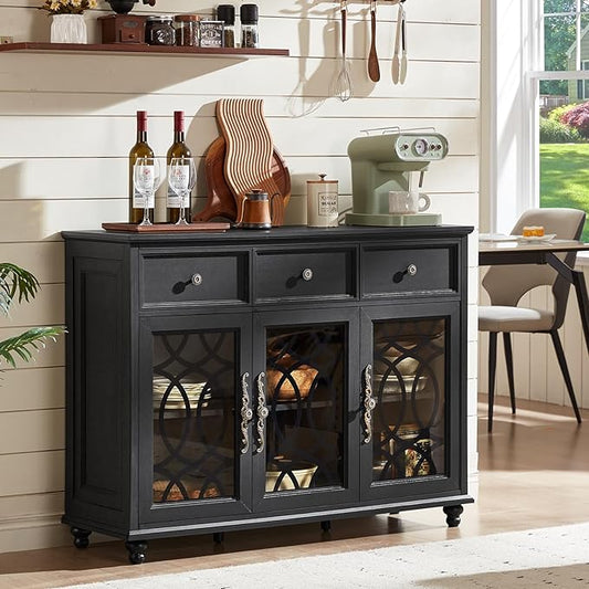 Large Sideboard Buffet Cabinet with Storage,48" Credenza with 3 Glass Doors & 3 Drawers,Adjustable Shelves Coffee Bar,Wood Kitchen Console Table for Dining Room,Living Room,Black