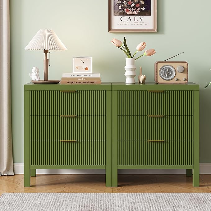 Nightstand, Dresser and Nightstand Sets, Bedside Tables, Mid Century Nightstands with 3 Wide Drawers for Bedroom, Kids’ Room, Hallway, Green