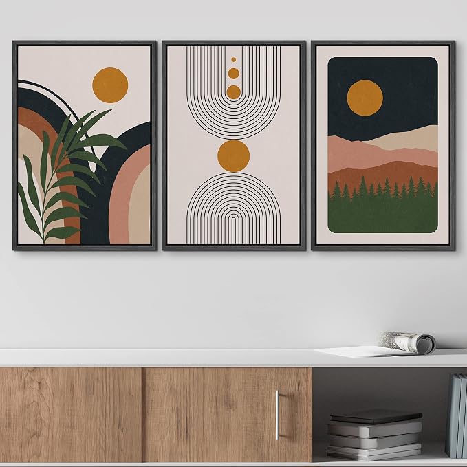 wall26 Framed Canvas Print Wall Art Set Boho Geometric Mid-Century Plant Planet Landscape Nature Abstract Illustrations Modern Bohemian Decorative for Living Room, Bedroom, Office - 24"x36"x3 Black