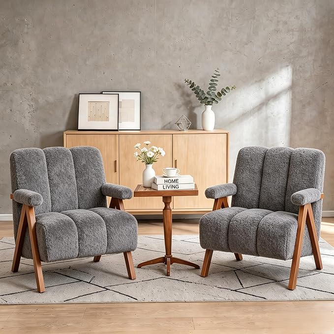 Mid Century Modern Accent Chair with Solid Oak Wood Frame, Upholstered Chenille Lounge Chair with Ergonomic Backrest and Thick Cushion for Living Room Bedroom Balcony, Set of 2, Grey
