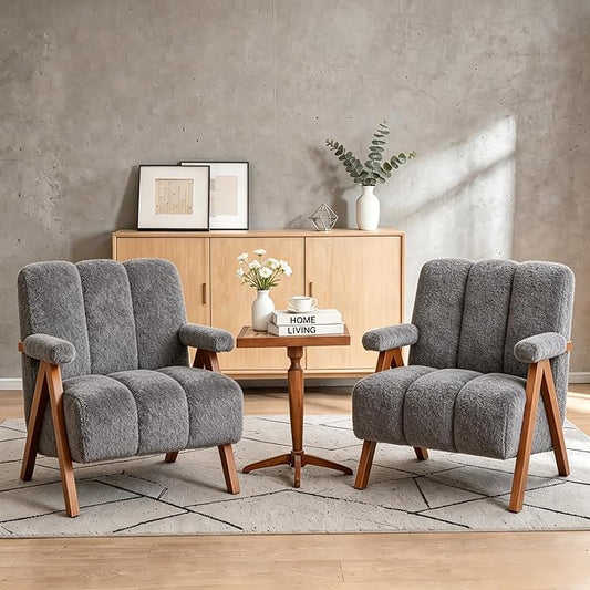 Mid Century Modern Accent Chair with Solid Oak Wood Frame, Upholstered Chenille Lounge Chair with Ergonomic Backrest and Thick Cushion for Living Room Bedroom Balcony, Set of 2, Grey