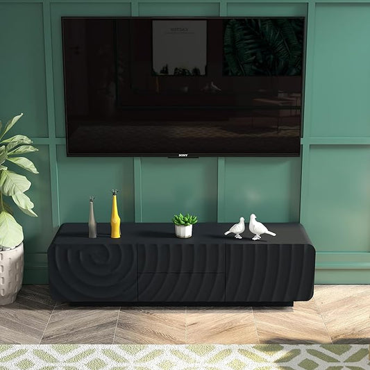 LKTART 58'' TV Stand with Storage & 2 Drawers, Modern TV Console with Water Ripple Door Panels Mid-Century Credenza Sideboard Buffet Cabinet for Kitchen & Living Room (Black)