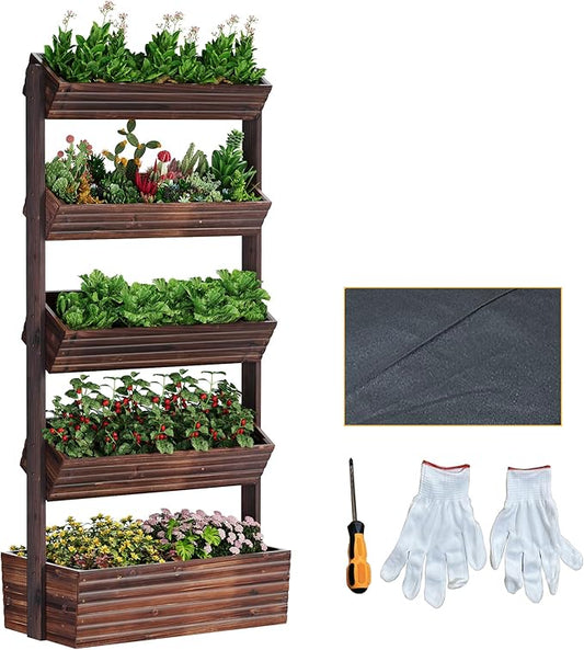 Vertical Wooden Raised Garden Bed Planters Wood Planter Kit Plant Stand Flower Rack Planter Box Gardening Plants Herbs Flowers Vegetables Outdoor Indoor Freestanding (Carbonized 5-Tier)