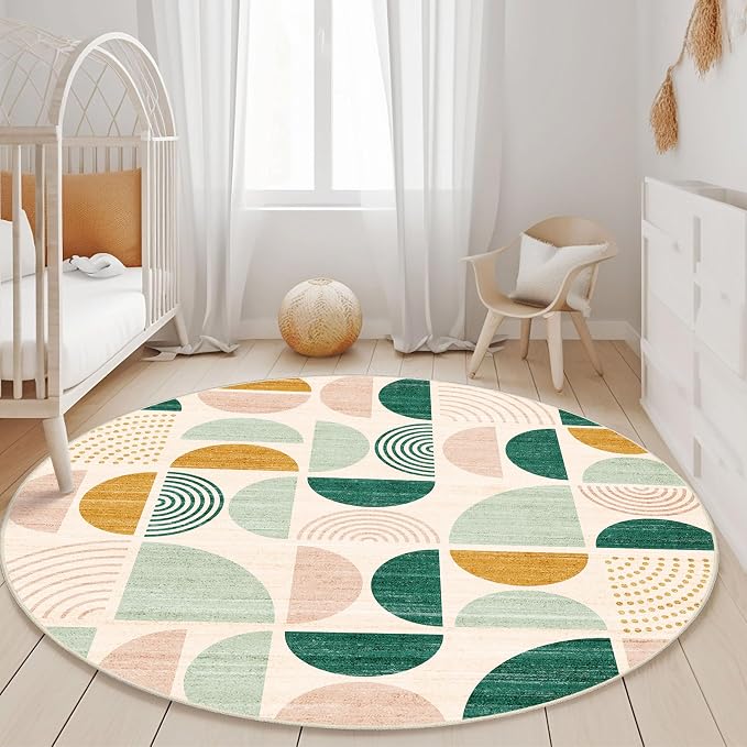 MUJOO Round Rugs 5ft,Circle Area Rug Washable,Circular Rugs for Living Room Dining Room,Boho Non Slip Throw Floor Carpet Modern Abstract Sage Green
