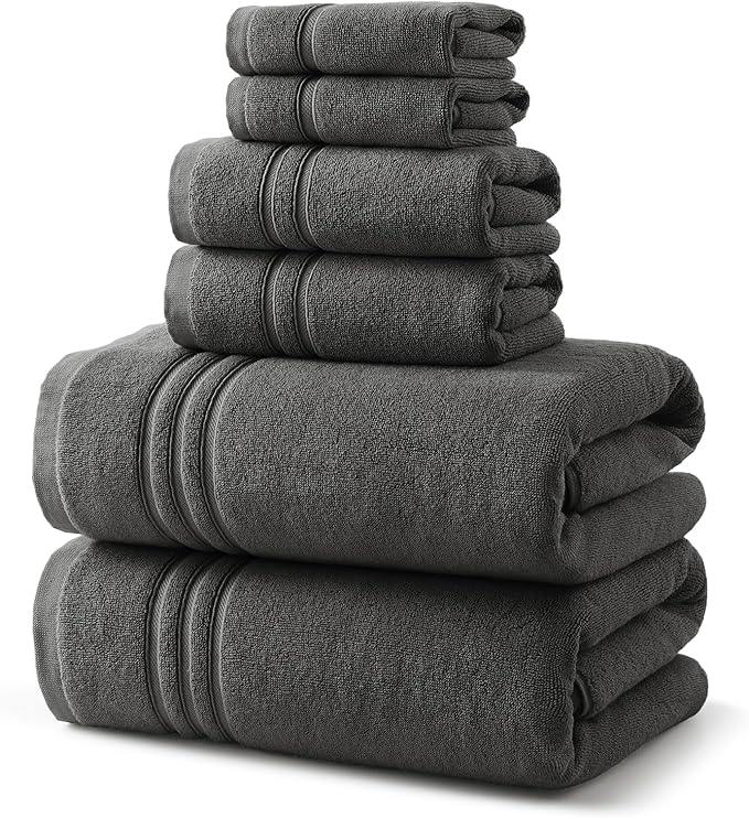 REDKISS Dark Gray Towels Set 6 Piece Cotton Towel Sets with 2 Bath Towels, 2 Hand, 2 Washcloths, 650GSM Hotel Quality, Soft, Highly Absorbent Towels for Bathroom Gym, Ideal Everyday Use