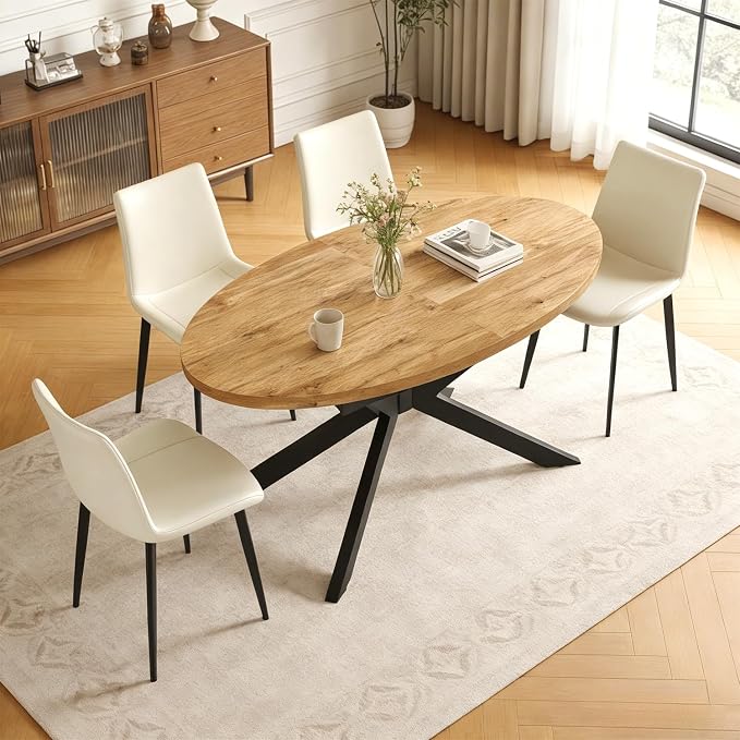 63"-78.7" Extendable Round Dining Table Set for 4, 5 Piece Mid Century Modern Oval Kitchen Table Set, Large Dining Table with 4 Dining Chairs for Living Room Space Saving（Walnut Table+4 Beige Chairs)