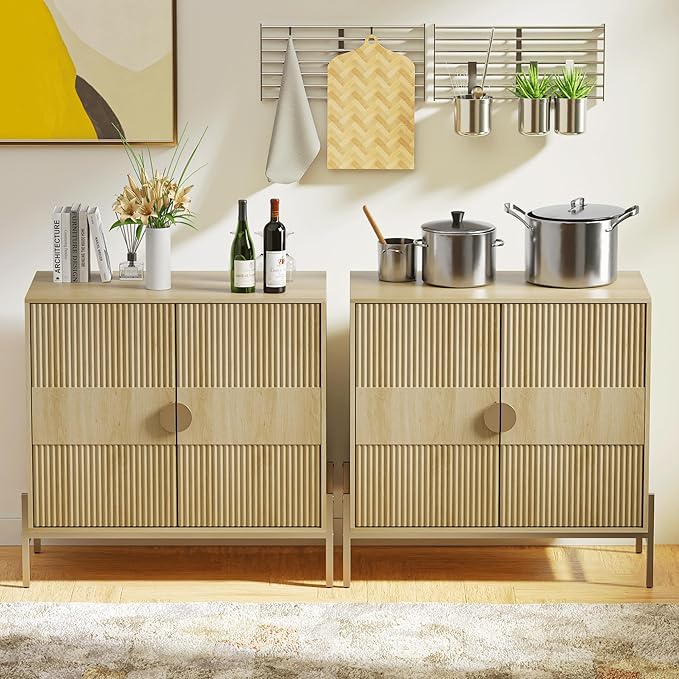 30.7" Accent Cabinet, Modern Buffet Cabinet with Gold Metal Legs, Fluted Sideboard for Dining Room, Kitchen, Oak