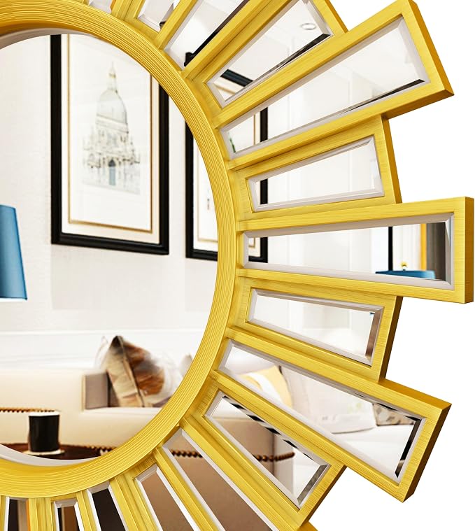 Gold Sunburst Mirror, 24" Large Starburst Mirror,Wall Mirrors Decor for Living Room, Bedroom, Fireplace,Hallway,Entryway
