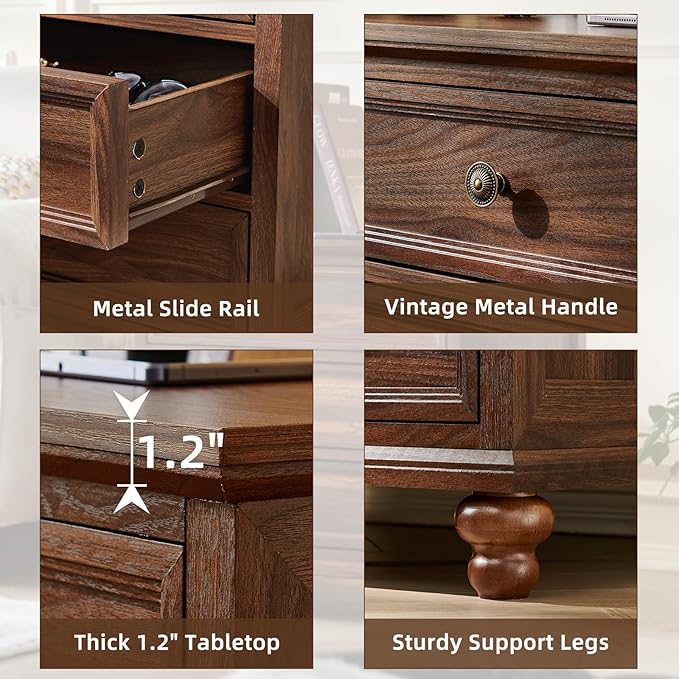 Farmhouse Nightstand with Charging Station, 24" Wide End Table with 3 Drawers,Wood Dresser Cabinet for Bedroom, Bed Side Table Chest of Drawers,Night Stand for Living Room, Closet,Brown