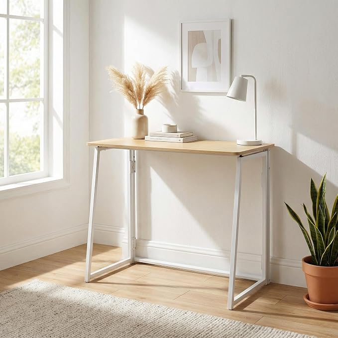 FurnitureR Folding Desk, 31.5 Inches Foldable Simple Laptop Table, Space Saving Computer Study Desk Compact Writing Workstation for Small Space, Light Oak
