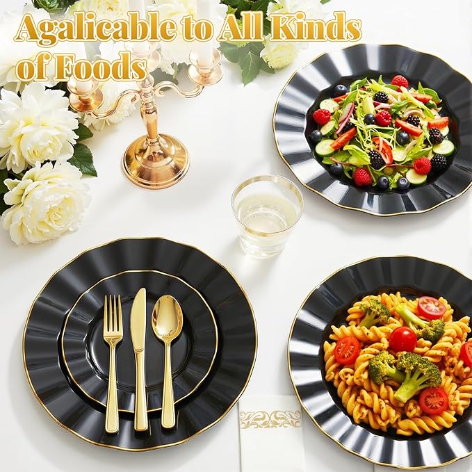 175 Plastic Dinnerware Set,Disposable Dinnerware Set for 25 Guests Include 50 Plastic Plates,25 Silverware Set,25 Cups and 25 Napkins for Thanksgiving Christmas,Party,Wedding（Black and Gold）
