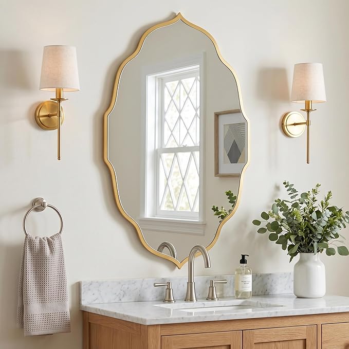PERFNIQUE Gold Scalloped Wall Mirror, 32''×20'' Wavy Oval Mirror for Bathroom, Large Decorative Mirror for Entryway, Bedroom & Living Room, Hanging or Leaning