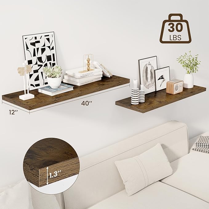 Dreamland 40" Floating Shelves for Wall, 12" Deep Slim Rustic Brown Floating Shelves, Wall-Mounted Shelves for Bedroom, Living Room, Kitchen, Bathroom - Set of 2