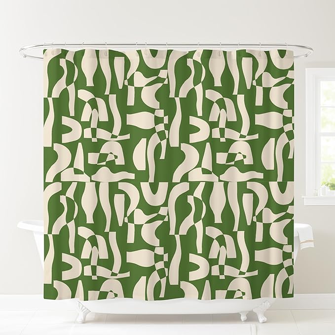 Modern Green and Ivory Geometric Pattern Print Shower Curtain – Abstract Minimalist Fabric Design – Neutral Trendy Bathroom Décor – 72x72 Inches (Geo Green)