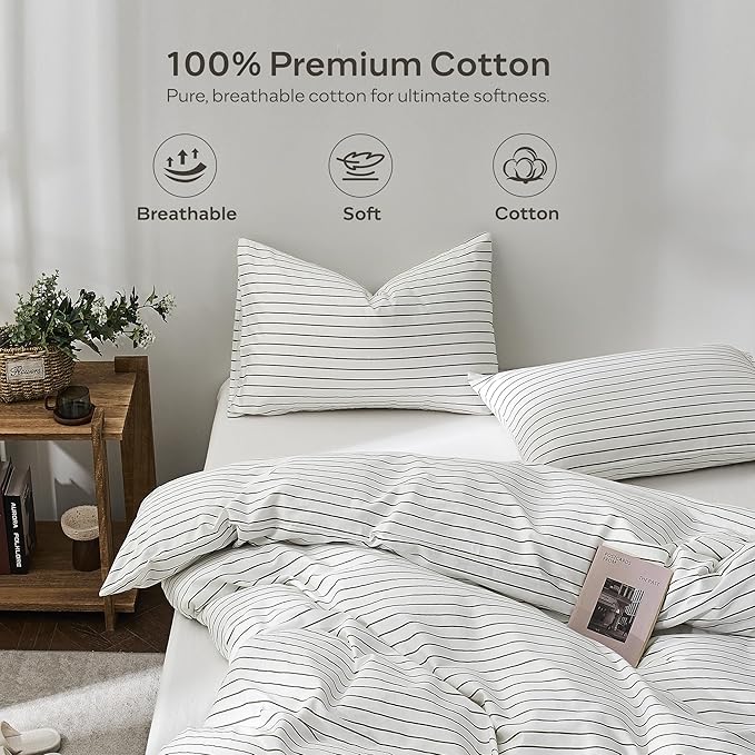 JELLYMONI Wide Striped Duvet Cover Set - Full Size Comforter Cover, Classic White & Gray Stripes, 100% Cotton 3 Pcs Bedding with Zipper Closure & 8 Corner Ties for Guest or Teen Room