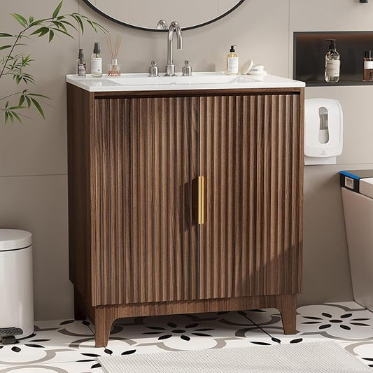 VINGLI 30 Inch Bathroom Vanity with Sink, Mid-Century Modern Vanity with Ceramic Basin and Fluted Soft-Close Doors, U-Shape Storage Shelf,Free Standing Small Bathroom Sink Cabinet Combo Set,Walnut