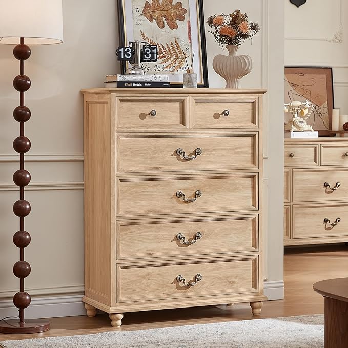 Farmhouse 6 Drawer Dresser Set of 2 for Bedroom, 42" Tall Rustic Chests of Drawers w/ 4 Solid Wood Feet, Mid Century Vintage Wooden Closet Storage Dressers Organizer for Living Room,Natural