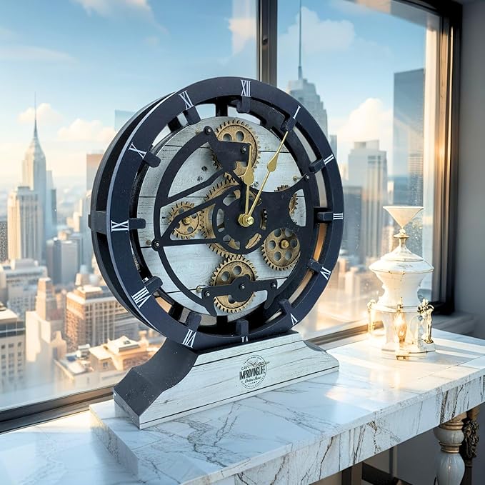 ImprovingLife The Gears Clock Desk Clock 10 inches with Real Moving Gears Convertible into Wall Clock (White Farmhouse)