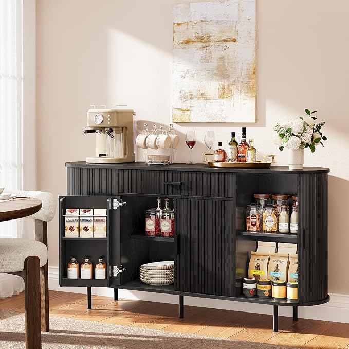 ONBRILL 63“ Sideboard Buffet Cabinet with Storage, Sideboard with 1 Drawer & 2 Door Shelves, Mid-Century Modern Kitchen Cabinets with Sliding Door, Coffee Bar Cabinet for Kitchen, Living Room, Black