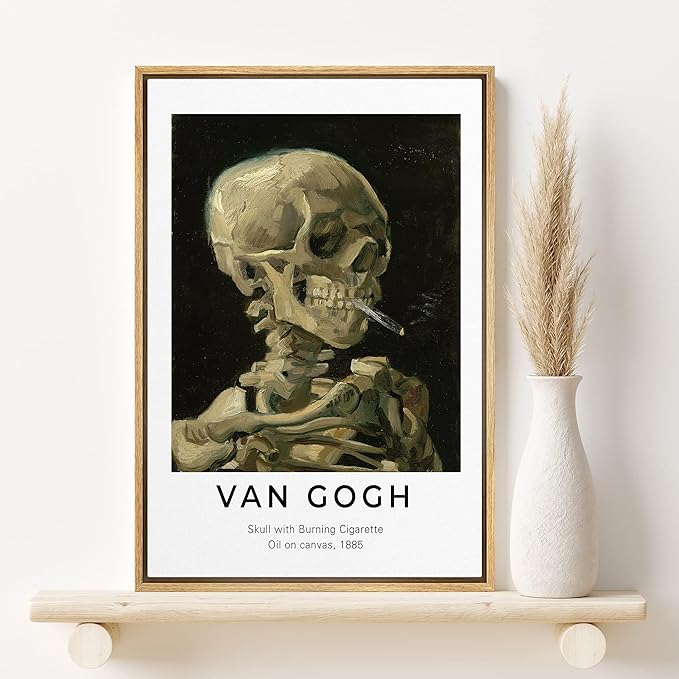 SIGNLEADER Framed Canvas Print Wall Art Van Gogh Skull with Burning Cigarette Decorative Brushstroke Illustrations Fine Art Colorful Multicolor Warm for Living Room, Bedroom, Office - 24"x36" Natural