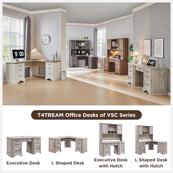 T4TREAM 59" Farmhouse Executive Desk with Hutch,Wood Home Office Computer Desk, Featuring Keyboard Tray,Charging Station,File Drawer, Storage Cabinet,for Work and Study (Light Rustic Oak)