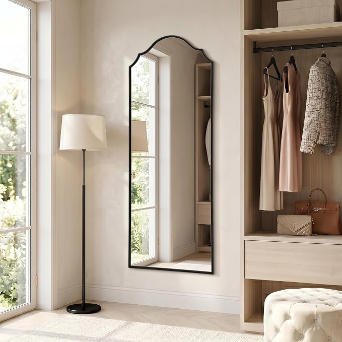 Besdomus Scalloped Full Length Mirror: 21"x56" Black Arched Floor Mirror - Minimalist Modern Wooden Frame Long Body Standing for Wall/Bedroom/Cloakroom/Entryway/Living Room - Home Decor for Housewife