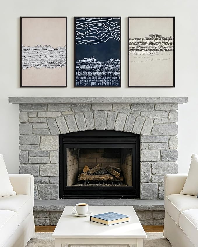 KUVIOKE Navy Blue Abstract Framed Wall Art Modern Neutral Minimalist Wooden Pastel Boho Wall Decor Farmhouse Rustic Art Painting Home Decor 16x24in (Black Framed)