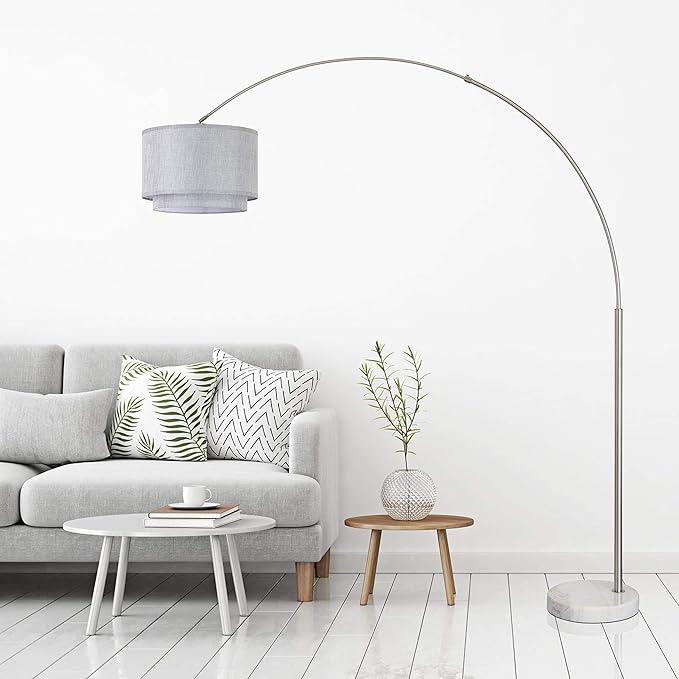 Major-Q 99-6938DS-GY Bedrooms Modern 81" Arc Tall Floor Living Room-Stand Up Arching Lamp with Grey Double Drum Style Shade and Marble Base, 6938xl-gy+rc