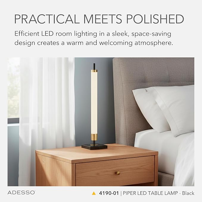 Adesso LED Table Lamp – Black with Antique Brass and Frosted Shade, 4-Way Brightness, 12W Integrated LED Accent Light for Living Room, Bedroom, and Home Office, 30” Tall
