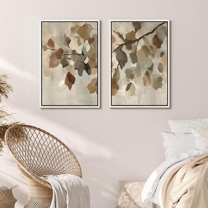 MUDECOR Framed Canvas Print Wall Art Set Abstract Leaf Branch Minimalist Nature-Inspired Beige and Brown Calm/Zen for Living Room, Bedroom, Office - 16"x24"x2 White