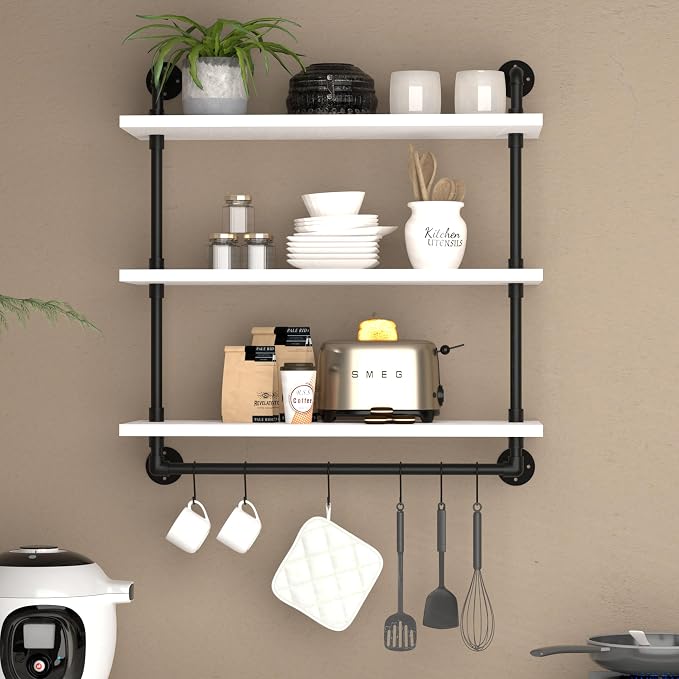 ROGMARS Industrial Pipe Shelving Floating Shelves with Towel Rack,3 Tier 30 inch Retro White Rustic Bathroom Shelves Farmhouse Pipe Wall Shelves for Kitchen Storage,Living Room