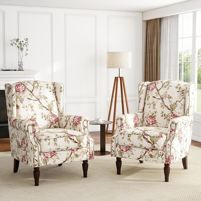 High Back Accent Chairs Set of 2, Floral Wingback Chair Fabric Upholstered Armchair for Living Room, Nailhead Trim Single Sofa Bedroom Reading Seat - Beige