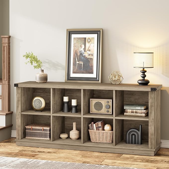 GarveeHome 8 Cube Storage Organizer Bookshelf, Farmhouse Horizontal Bookcase, 62 in Wood Storage Bookcase for Entryway, Long Low Bookshelves for Living Room (Grey, 8 Cube)