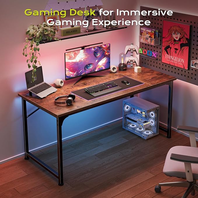 PRAISUN 47 Inch Computer Desk, Home Office Desk with Spacious Desktop, Modern Gaming Desk, Writing Study Table for Bedroom, Small Spaces, Work from Home Desk with Metal Frame, Rusitc Brown