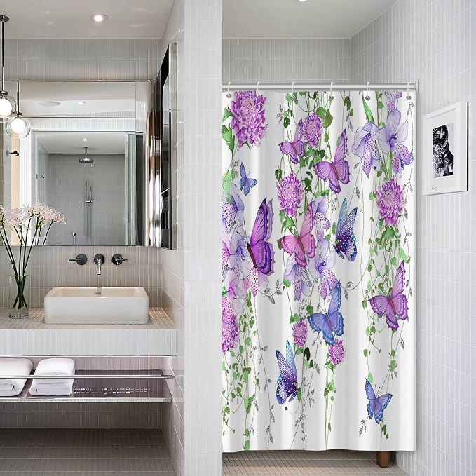 Violet Butterfly Floral Shower Curtain Spring Lavender Shower Curtain Lilac Pink Floral Bathroom Decor Waterproof Polyester Fabric with 10 Hooks,54x72 Inches