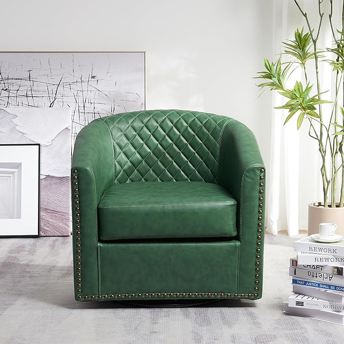KINWELL 29" Wide Tufted Faux Leather Swivel Barrel Chair, PU Leather Modern Upholstered Accent Chairs with Nailhead Trim, Small Armchair for Living Room Bedroom, Green