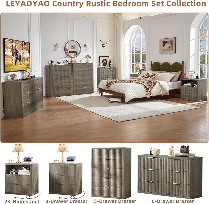 LEYAOYAO Fluted 5 Drawers Dresser Set of 2, 41" Tall Modern Chest of Drawers with Metal Handle, Curved Profile Dresser TV Stand, Wooden Drawer Organizer for Bedroom, Living Room, Hallway,Grey