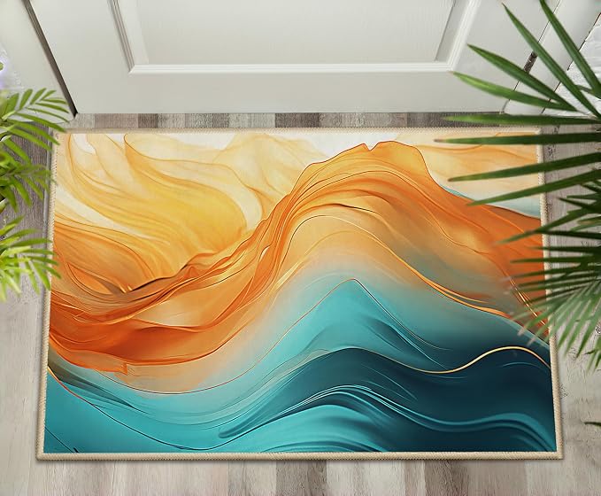 Orange Teal Entryway Rug Carpet 2x3 Non Slip Indoor Doormat Turquoise Marble Decorative Front Door Mat Indoor Entrance for Kitchen Bathroom Bedroom Small Washable Front Door Rug Entry Mat