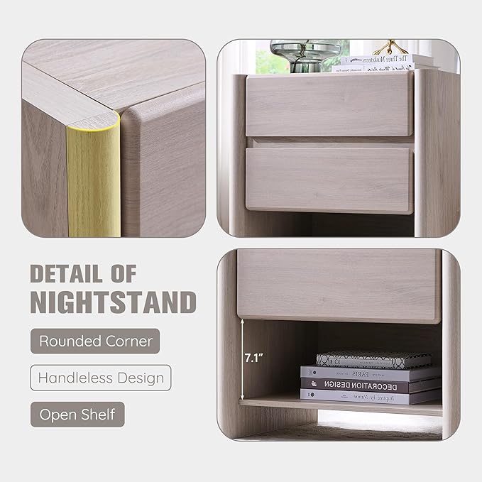 25" Tall Modern Nightstand with Charging Station, 23.6" W Nightstand with 2 Storage Drawers & Open Shelf, Wood Night Stand w/Rounded Corner Design for Bedroom, Living Room (Cream)