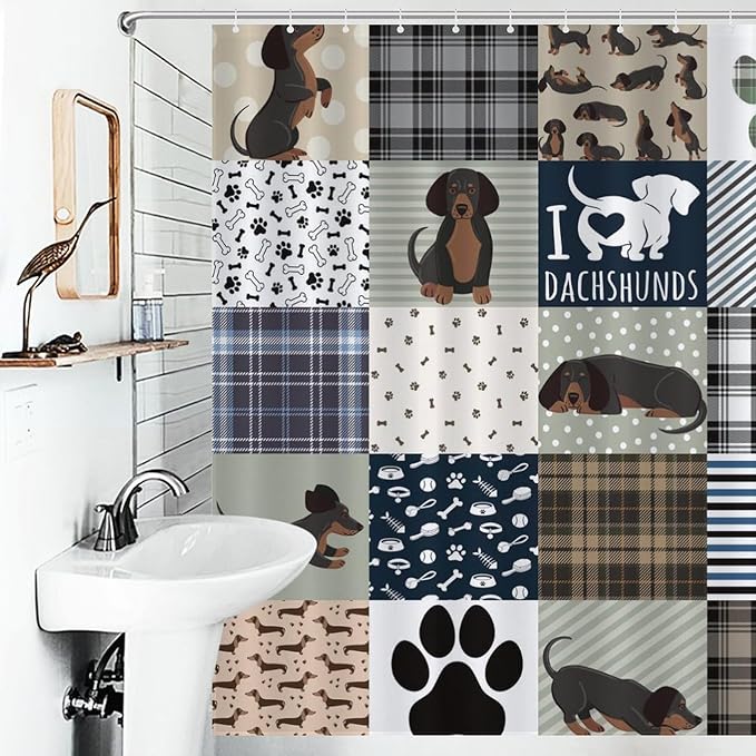 Dachshund Print Shower Curtain Dog Grey Brown Plaid Funny Animal Patchwork Pattern Duty Fabric Shower Curtains Set Bathroom Polyester Waterproof with 12 Hooks, 66x72Inch（168x183cm）