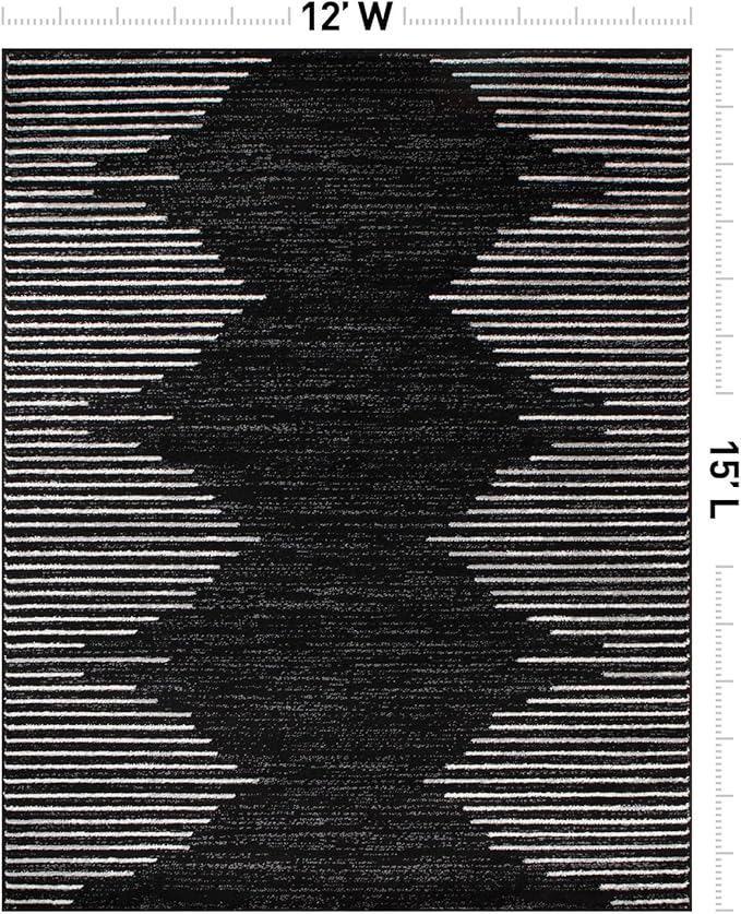 Rugshop Bohemian Stripe Stain Resistant High Traffic Living Room Kitchen Bedroom Dining Home Office Area Rug 12' x 15' Black