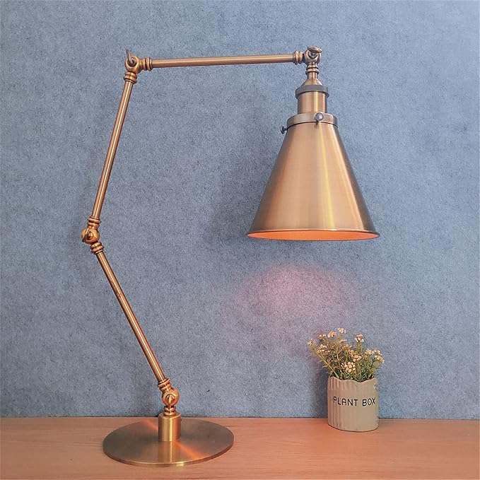 Makeup Vintage Desk Lamp, Industrial Metal Task Table Lamp with Adjustable Swing Arm, Bedroom Bedside Night Light Cafe Antique Reading Lighting,Gold