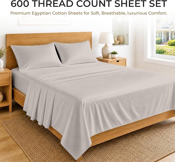 SGI bedding 100% Egyptian Cotton Sheets Full XL Size – 600 Thread Count Sheets Set, Soft, Cooling, 15" Deep Pocket, Luxury Hotel Bedding, Breathable, Durable - Light Grey