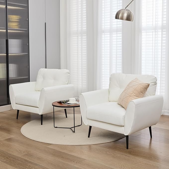 TYBOATLE Accent Chairs Set of 2, Comfy Modern Living Room Chair White Faux Leather Reading Accent Chairs Tufted Mid Century Arm Chair Small Salon Chairs for Office Bedroom (2, White)