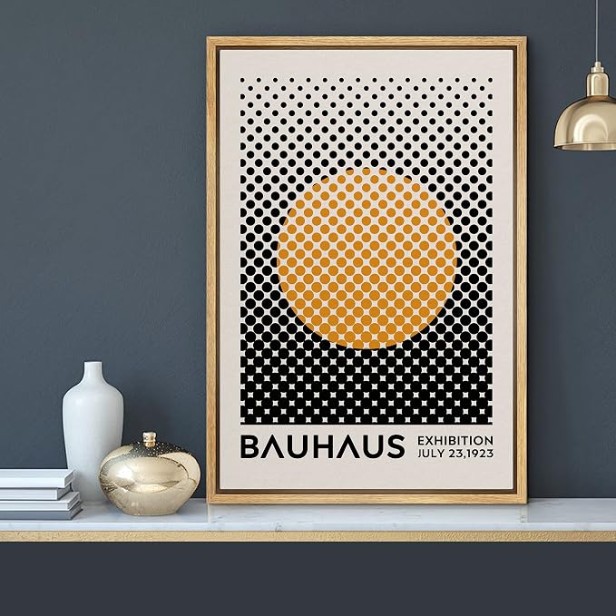 MUDECOR Framed Canvas Print Wall Art Mid-Century Bauhaus Black Orange Grid Dot Sun Shapes Abstract Illustrations Modern Art Multicolor Relax/Calm for Living Room, Bedroom, Office - 24"x36" Natural